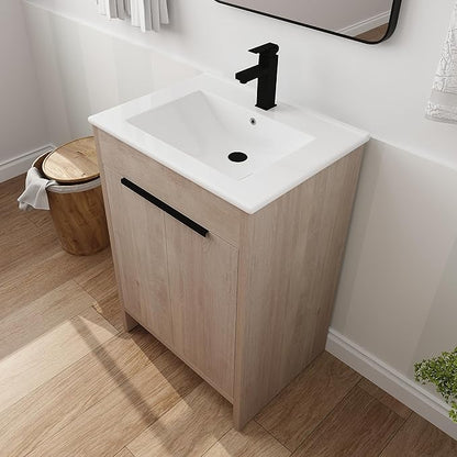 SSLine 24-Inch Bathroom Vanity with Sink Mid-Century Bathroom Vanities with Top Basin Floor Wood Bathroom Sink Cabinet with Soft-Close Doors & Adjustable Storage Shelves (Light Oak)