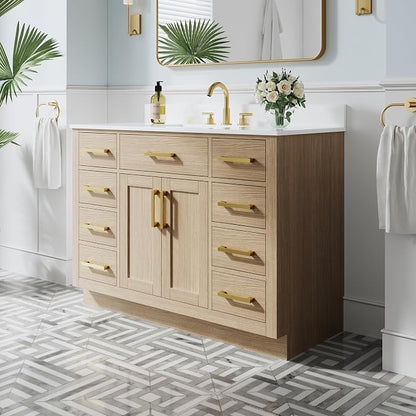 48-Inch Bathroom Vanity with Sink W/ 2 Doors & 8 Drawers & 1 Flip Drawer, Oak Vanity W/Brushed Gold Handles