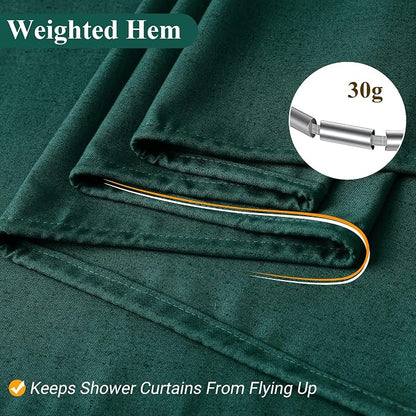 Dark Green Linen Shower Curtain, Country Boho Farmhouse Bath Decor Shower Curtains Neutral Cloth Weighted Textured Fabric Bath Curtain Liner with Hooks, 72x72
