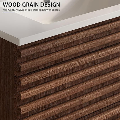 eclife 30" Floating Bathroom Vanity with Sink Combo Mid-Century Wall Mounted Cabinet with Wood Stripes Decor, Drawers, Undermount Single Sink, Faucet, Drain, Cocoa Brown