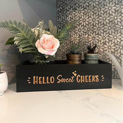 Admired by Nature Hello Sweet Cheeks Solid Wood Toilet Paper Holder, Farmhouse Décor, Toilet Paper Storage, Bathroom Accessories, Bathroom Décor, for Home Décor Bathroom Organizer (Black)