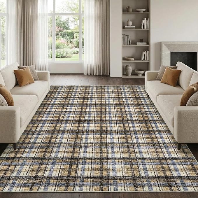 Living Room Rug 4x6 Washable Area Rug for Bedroom Modern Boho Border Non Slip Throw Rugs Soft Low Pile Stain Resistant Carpet for Nursery Classroom Dining Room 4'x6' Blue&Camel
