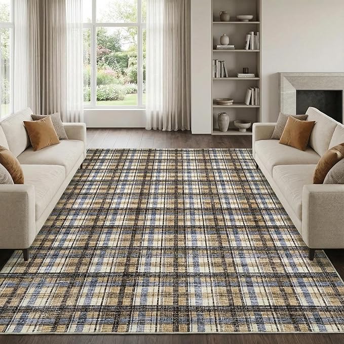 Washable Rug 6x9 Rugs for Living Room Modern Bedroom Rug Large Area Rug Non Slip Throw Rugs Soft Low Pile Stain Resistant Carpet for Classroom Dining Room 6'x9' Blue&Camel