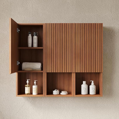 KEIKI Bathroom Wall Cabinet with Soft-Close Doors & Open Shelf, Brown Oak | Premium Wood Medicine Cabinet, Floating Storage Cabinet for Bathroom Kitchen Laundry Room