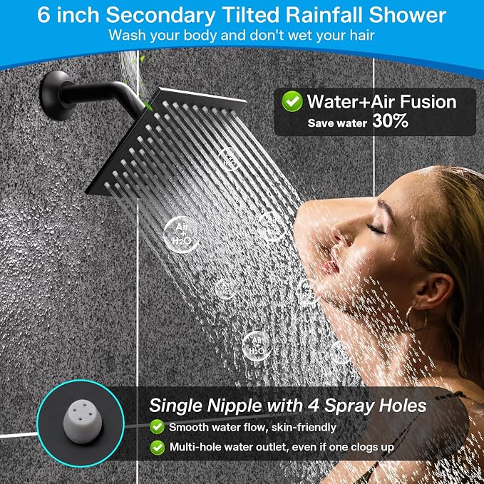 ENGA Dual Rain Shower Head System, 2 In 1 Functions Ceiling Mount 14x20inch LED Shower Head with 6 Inch Shower Head, Rainfall Waterfall Shower Faucet Set, Matte Black