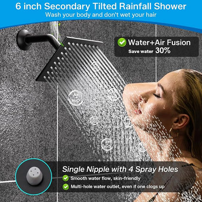 ENGA Dual Rain Shower Head System, 2 In 1 Functions Ceiling Mount 14x20inch LED Shower Head with 6 Inch Shower Head, Rainfall Waterfall Shower Faucet Set, Matte Black