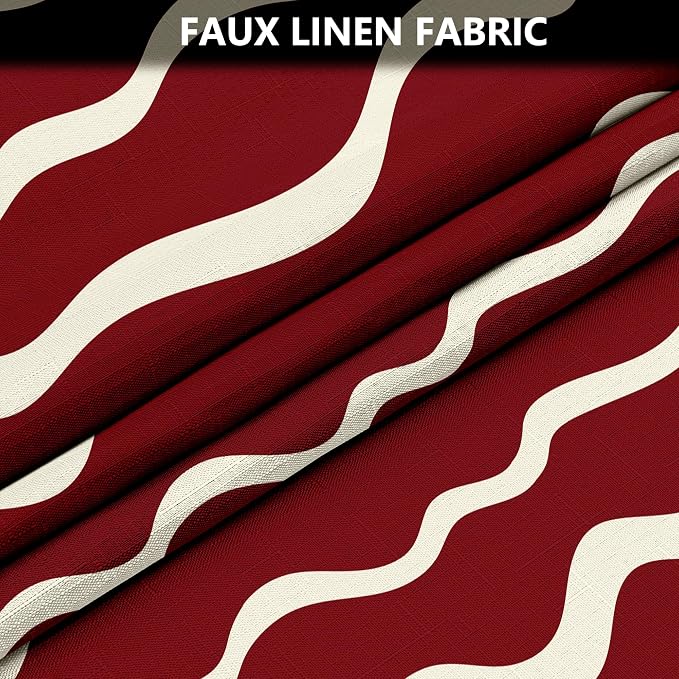 Tititex Cute Curvy Wavy Lines 140gsm Faux Linen Fabric Shower Curtain, Elegant Burgundy Red Wave Striped Shower Curtain Sets Decoration 72x72 Inch with Hooks