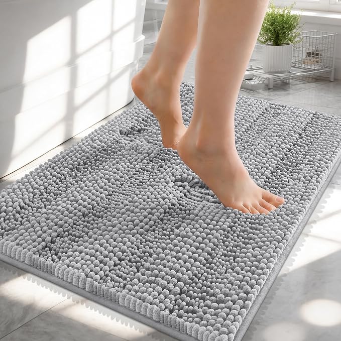 OLANLY Thick Small Bathroom Rugs 24x16, Soft Chenille Bath Rugs, Light Grey | Rubber Backing, Machine Wash, Extra Absorbent Striped Bath Mats for Bathroom Floor, Tub and Shower, Home Decor Accessories