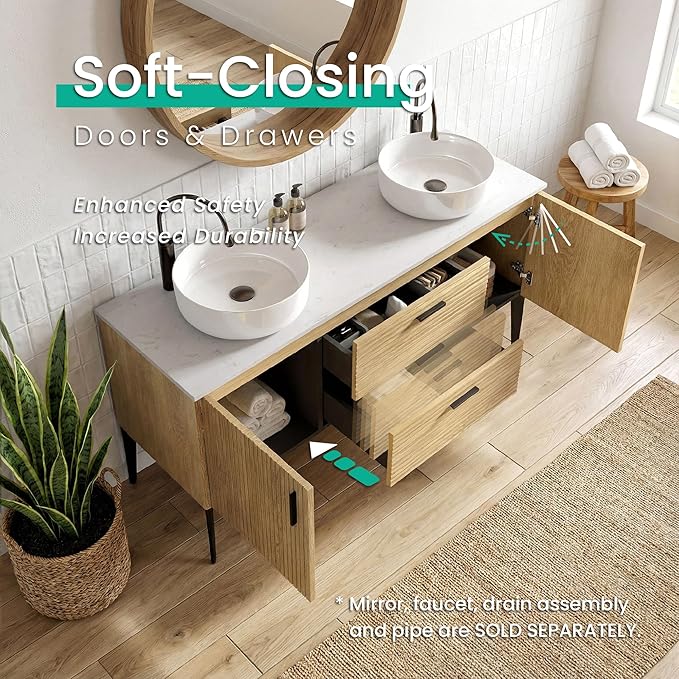 60" Double Bathroom Vanity with Sink Combo, Mid-Century Modern Bath Cabinet with 2 Doors & 2 Drawers, Large Storage for Bar, Hotel, Apartment, Natural Oak