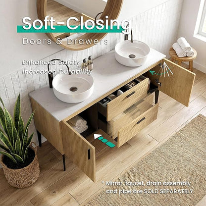 60" Double Bathroom Vanity with Sink Combo, Mid-Century Modern Bath Cabinet with 2 Doors & 2 Drawers, Large Storage for Bar, Hotel, Apartment, Natural Oak