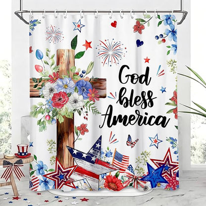 4th of July Shower Curtain Patriotic Red White and Blue Floral Star Shower Curtains Waterproof Bath Curtains with 12 Hooks for Memorial Day Independence Day Home Bathroom Decor, 72 x 72 Inches