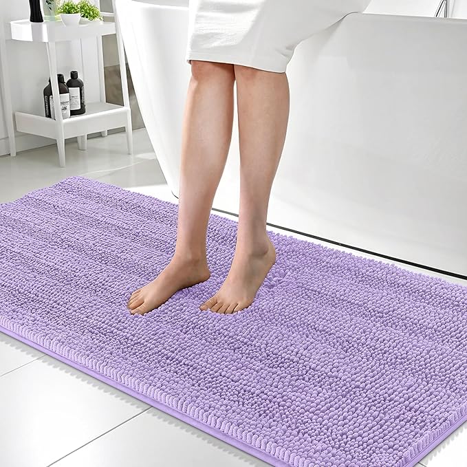 OLANLY Thick Bathroom Runner Rugs 59x24, Soft Chenille Bath Rugs, Lavender | Absorbent Striped, Rubber Backing, Machine Wash, Long Bath Mats for Bathroom Floor, Tub and Shower, Home Decor Accessories