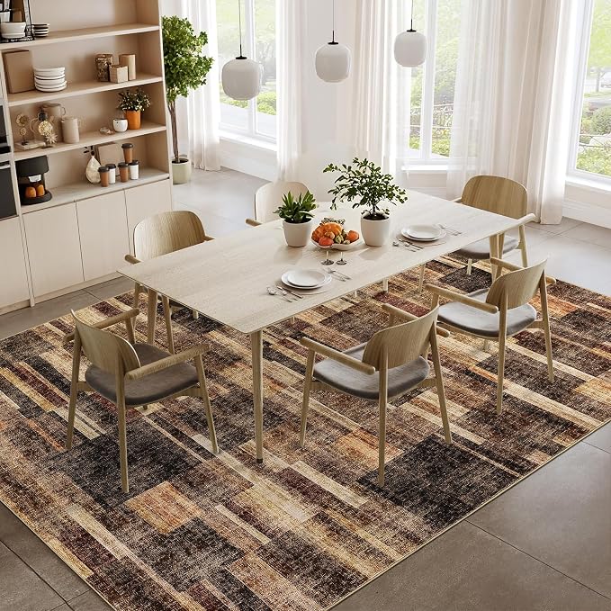 Washable Rug 9x12 Area Rug for Bedroom Geometric Modern Living Room Rug Farmhouse Non Slip Large Area Rug Soft Throw Rugs Stain Resistant Carpet for Dining Room Nursery Brown 9'x12'