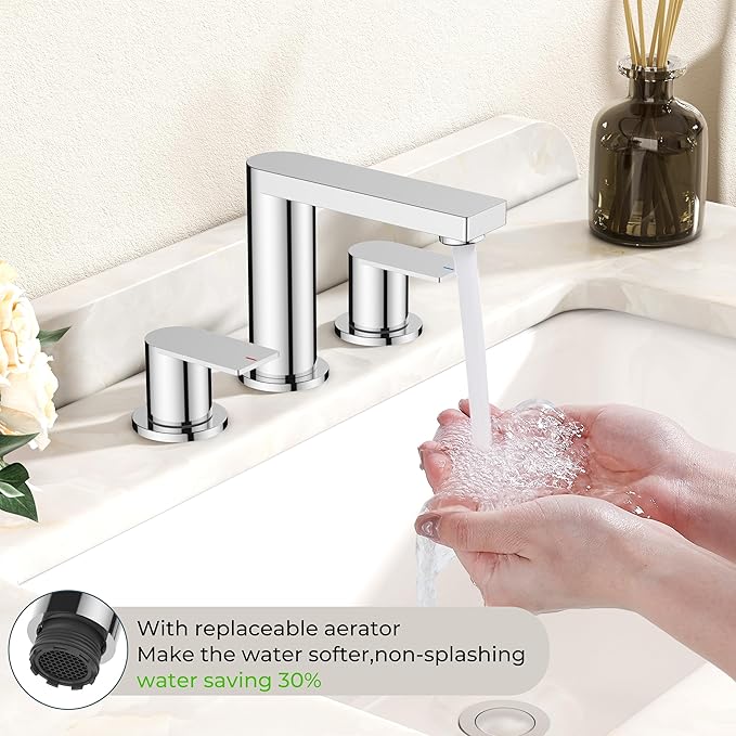 FORIOUS Chrome Bathroom Faucets 3 Hole, 8 Inch Widespread Bathroom Sink Faucet with Pop-up Drain and Cupc Supply Lines, 2-Handle for Vanity, Hotel