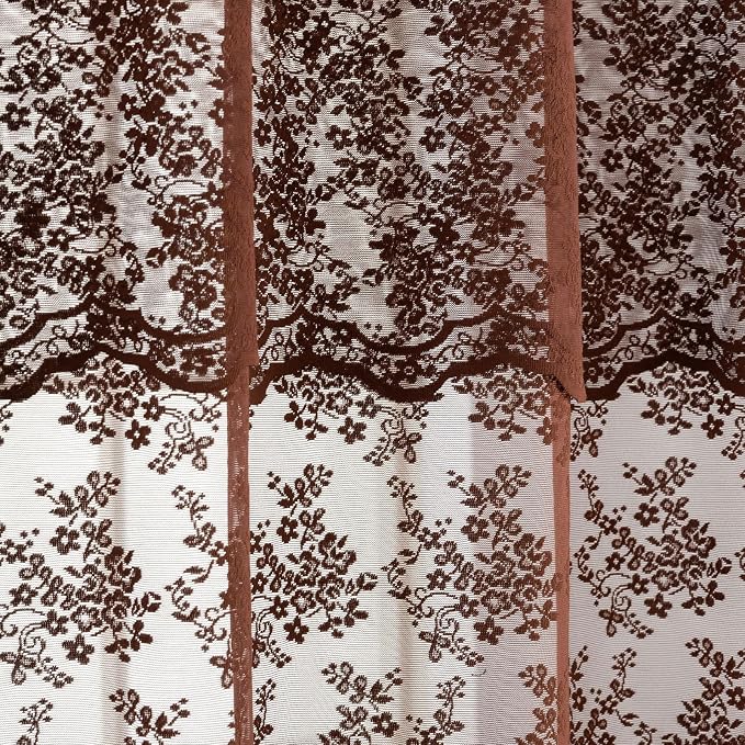 TUDECO Lace Brown Shower Curtain with Attached Valance, 72 x 72 Inch | Chocolate Brown, Cottagecore, Floral Pattern, Autumn Cozy Bathroom Decor, Scalloped Edges, Soft Light, Semi- Privacy