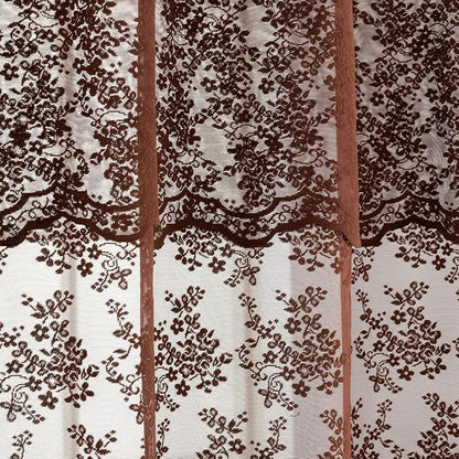 TUDECO Extra Long Brown Lace Shower Curtain for Bathroom, 72W x 84L Inch | Dark Chocolate Brown, Cottagecore Floral, Attached Valance, Autumn Cozy Decor, Scalloped Edges, Reinforced Holes