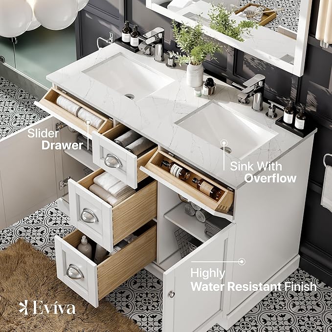 Eviva Epic 48 in. White Double Sink Bathroom Vanity with White Carrara Quartz Countertop
