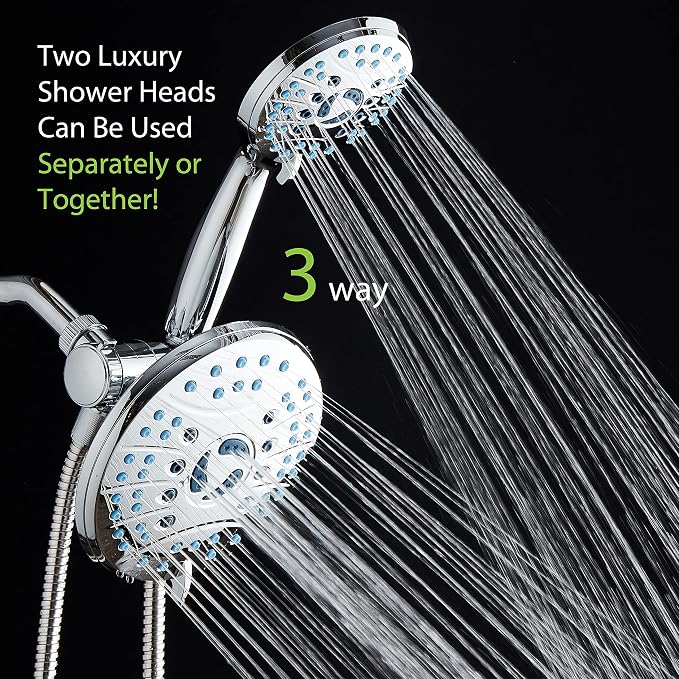 AquaCare 50-mode High Pressure 7 inch Shower Head Combo w/Dual Power Wash | Hygienic Jets, 2-mode Handheld Power Wash for Tub, Tile & Pets, Long 6 ft. Stainless Steel Hose, Extra Wall Bracket / Chrome
