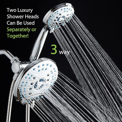 AquaCare 50-mode High Pressure 7 inch Shower Head Combo w/Dual Power Wash | Hygienic Jets, 2-mode Handheld Power Wash for Tub, Tile & Pets, Long 6 ft. Stainless Steel Hose, Extra Wall Bracket / Chrome