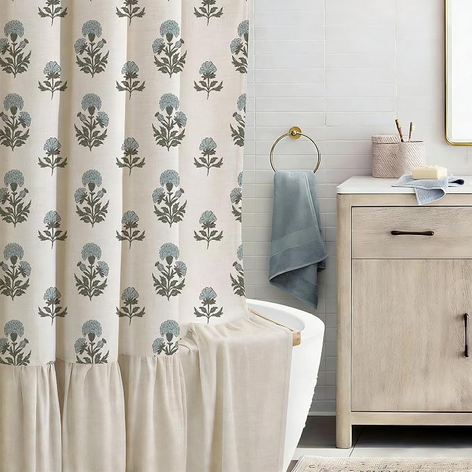 ORTIGIA Linen Textured Ruffle Shower Curtain with Metal Hooks, Vintage Blue Floral Block Print Boho Waterproof Bath Curtain for Rustic Farmhouse Bathroom Decor 72x72 Inch