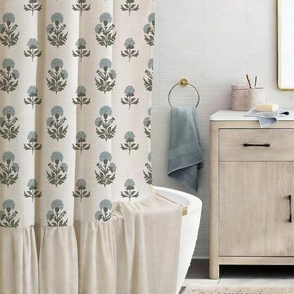 ORTIGIA Linen Textured Ruffle Shower Curtain with Metal Hooks, Vintage Blue Floral Block Print Boho Waterproof Bath Curtain for Rustic Farmhouse Bathroom Decor 72x72 Inch