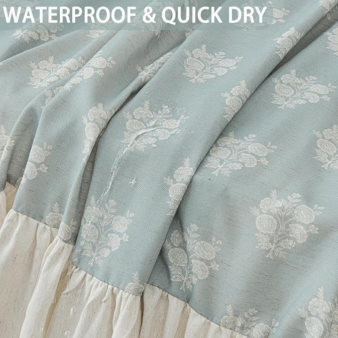ORTIGIA Linen Textured Ruffle Shower Curtain with Metal Hooks, Blue Vintage Block Print Floral Boho Waterproof Bath Curtain for Rustic Farmhouse Bathroom Decor 72x72 Inch