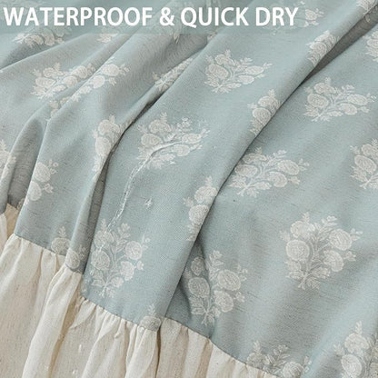 ORTIGIA Linen Textured Ruffle Shower Curtain with Metal Hooks, Blue Vintage Block Print Floral Boho Waterproof Bath Curtain for Rustic Farmhouse Bathroom Decor 72x72 Inch