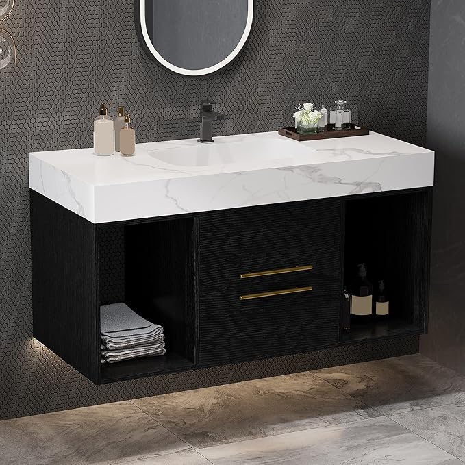 Pvillez 40 inch Bathroom Vanity with Ceramic Sink and Sinter Stone Marble Counter Top Modern Wall Mounted Floating Bathroom Sink Cabinet with 2 Drawers&2 Open Shelves&Gold Metal Handle,Black
