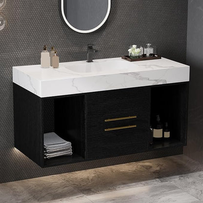 40" Modern Black Bathroom Vanity, Floating Bathroom Vanities with Ceramic Sink, 40 inch Wall Mounted Bathroom Sink Storage Cabinet with 2 Drawers&2 Open Shelves&Gold Metal Handle