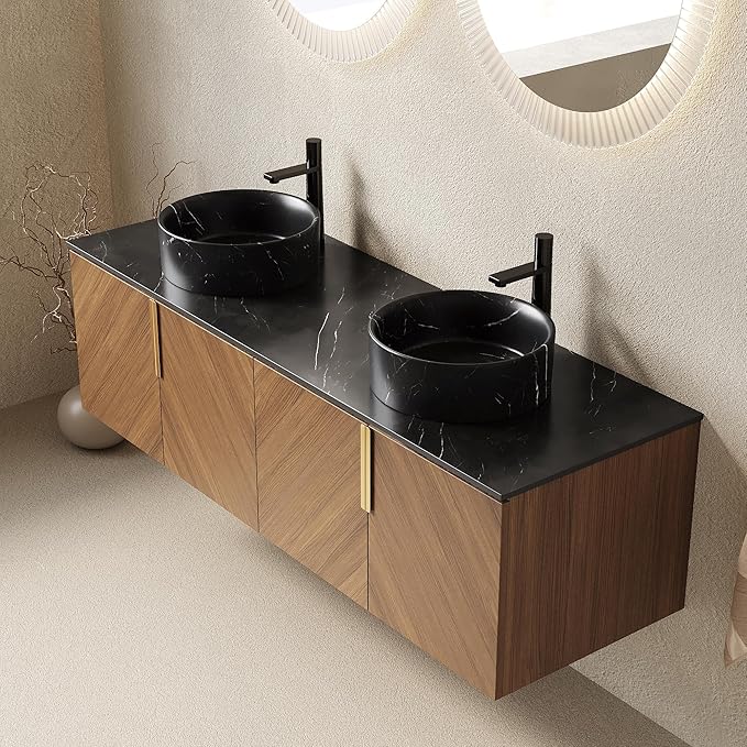 60" Double Sink Bathroom Vanity with Sink Combo, Floating Vanity with Vessel Sink, Wall-Mounted Plywood Bathroom Vanity Storage Cabinet with 4 Doors & 2 Black Round Basin, Brown Oak