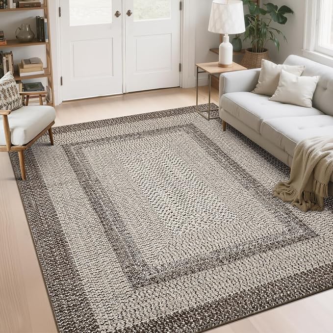Imitation Braided Collection-Print 4x6 Bedroom Washable Area Rug Dining Room Throw Carpet with Non Slip Rubber Backing, Farmhouse Soft Low Pile Rustic Accent Rug for Living Room Home Decor