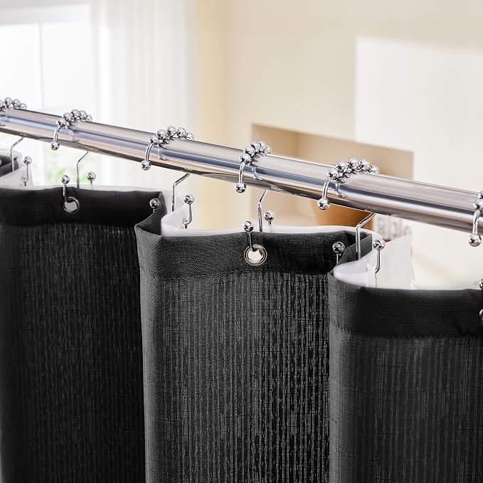 3 in 1 Shower Curtain Set, 72x78 Black Shower Curtain and Liner Set with 12 Double Sided Shower Curtain Hooks, Cloth Shower Curtains for Bathroom,Waterproof