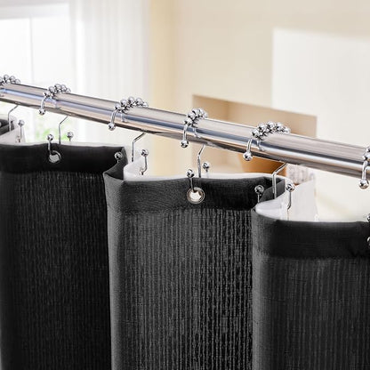 3 in 1 Shower Curtain Set, 72x78 Black Shower Curtain and Liner Set with 12 Double Sided Shower Curtain Hooks, Cloth Shower Curtains for Bathroom,Waterproof