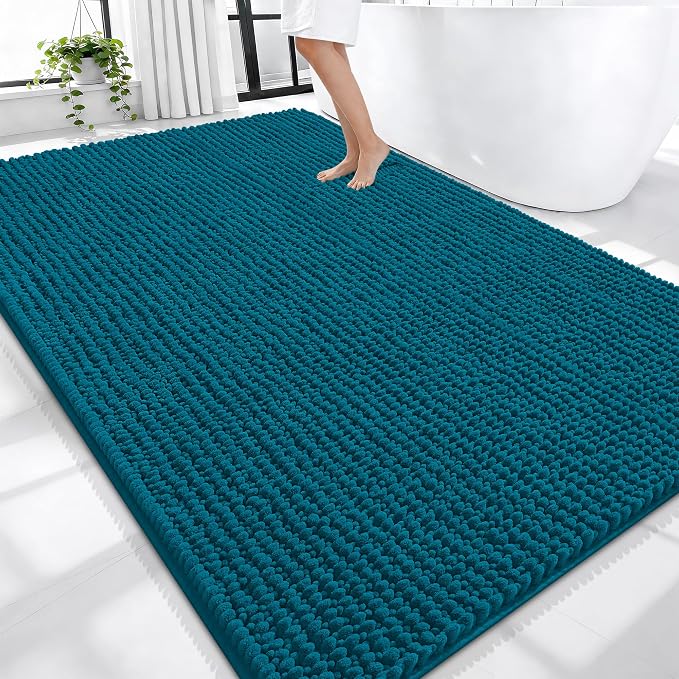 OLANLY Thick Chenille Large Bathroom Rugs Mats 70x46, Peacock Blue | Soft Absorbent Bath Rugs, Rubber Backing, Machine Wash Dry, Bath Mats for Bathroom, Tub and Shower, Home Decor Accessories