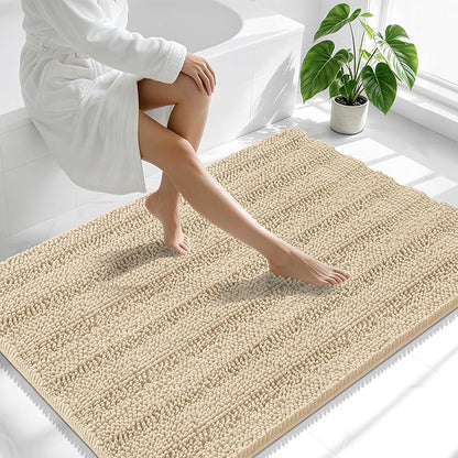 Smiry Thick Chenille Large Bathroom Runner Rugs 47x32, Soft Bath Mat, Beige | Quick‑Dry & Machine Washable, Non‑Slip Bath Carpet, Striped Bath Rugs for Tub & Shower, Modern Home Decor Accessories