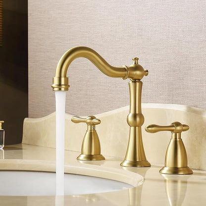 Antique Brushed Gold Bathroom Faucet 3 Hole, Widespread Bathroom Sink Faucet with Pop Up Drain and cUPC Supply Hose, Modern 2 Handle Vanity Faucet Gold JXM3073BG