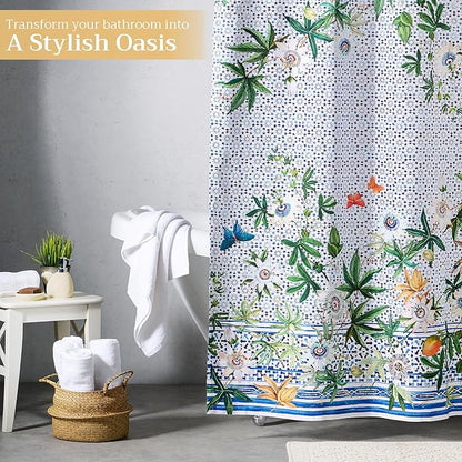 Maison d' Hermine Shower Curtain 100% Cotton One Panel 70"x72" Washable Fabric Shower Curtains for Bathroom, Easy Hanging with 12 Button Holes - Home Hotel Spa Easter Gifts (Passiflora)