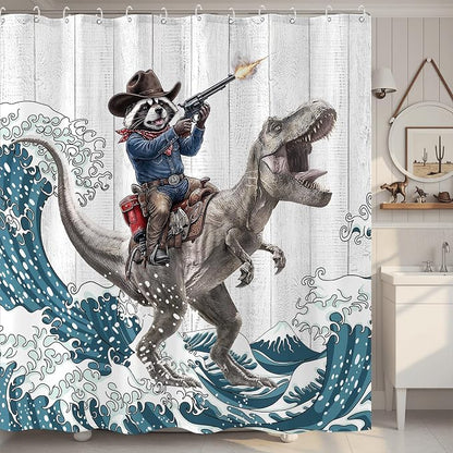 Accnicc Funny Raccoon Dinosaur Shower Curtain for Bathroom 72 X 72 Inch | Fun Cool Animal Dino Shower Curtains, Japanese Ocean Wave Kids Bath Curtain Decor, Water-Resistant Washable Polyester Fabric