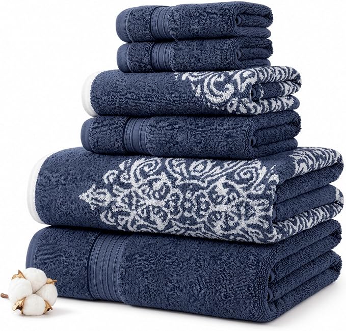 Modern Threads 6-Piece 100% Cotton Damask Medallion Towel Set, Navy | Highly Absorbent, Soft & Plush, Quick-Drying, 550 GSM, Color-Rich Yarn-Dyed Design, OEKO-TEX Certified