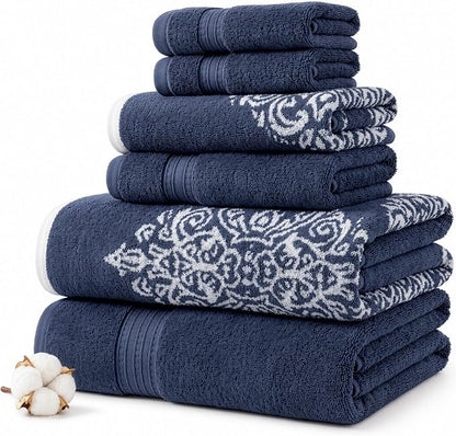 Modern Threads 6-Piece 100% Cotton Damask Medallion Towel Set, Navy | Highly Absorbent, Soft & Plush, Quick-Drying, 550 GSM, Color-Rich Yarn-Dyed Design, OEKO-TEX Certified