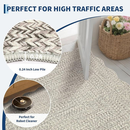 Imitation Braided Collection-Print Washable Area Rug 3x5 Scalloped Entryway Rug with Non Slip Rubber Backing, Farmhouse Soft Low Pile Rustic Accent Rug for Living Room Bedroom Playroom