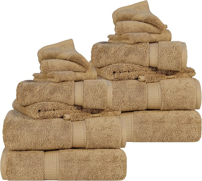 SUPERIOR Egyptian Cotton Ultra Plush & Absorbent, 12 Piece Set, Toast | Heavyweight 12 Pc Egyptian Cotton Towel Set Includes 4 Bath Towels 4 Hand Towels 4 Washcloths Decorative Rope Border