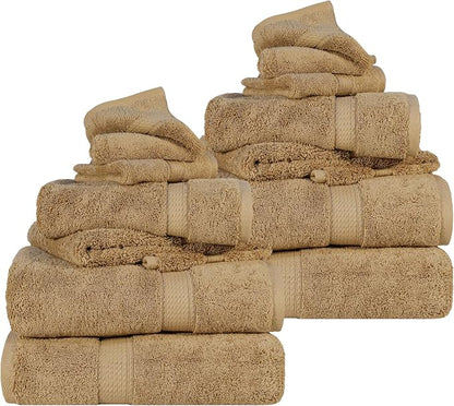 SUPERIOR Egyptian Cotton Ultra Plush & Absorbent, 12 Piece Set, Toast | Heavyweight 12 Pc Egyptian Cotton Towel Set Includes 4 Bath Towels 4 Hand Towels 4 Washcloths Decorative Rope Border