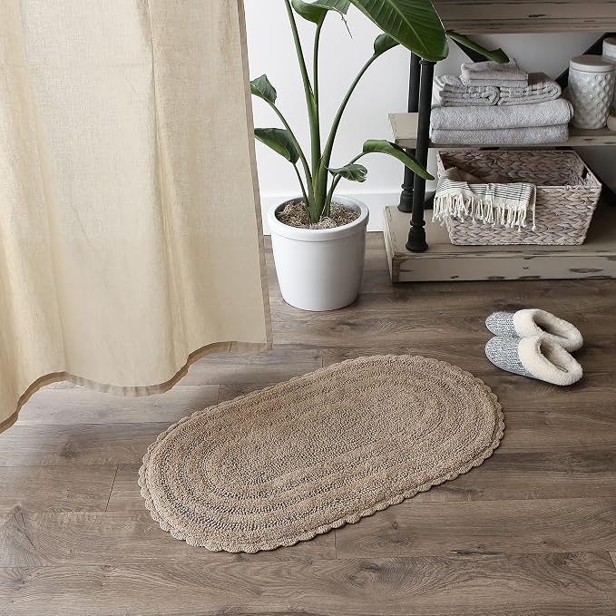 DII Crochet Collection Reversible Bath Mat, Small Oval, 17x24, Stone