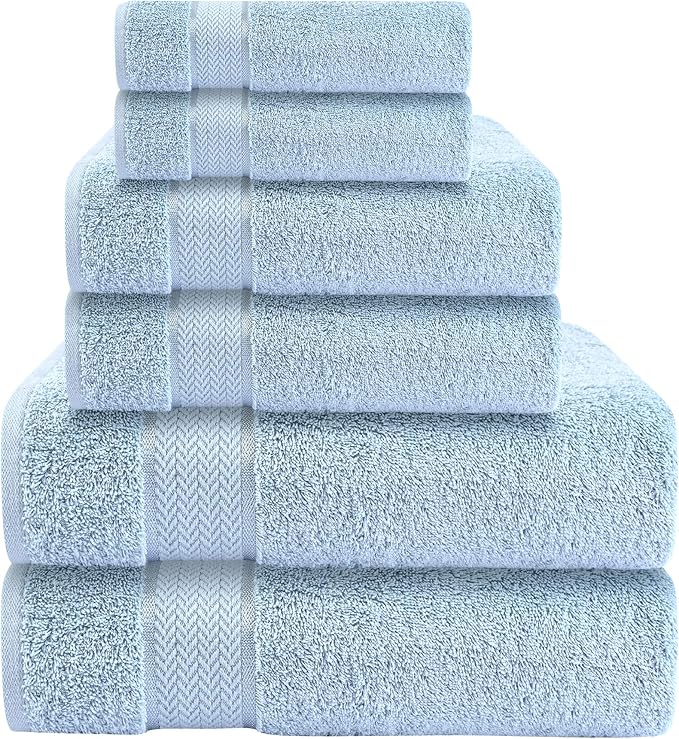 CRAFTBERRY-6 Piece Cotton Bath Towel Set-2 Bath - 2 Hand - 2 Face, Sky Blue | 100% Cotton • Thick & Plush • Hotel Quality • Ultra Soft • Highly Absorbent • Quick Dry • Low Lint • Machine Washable