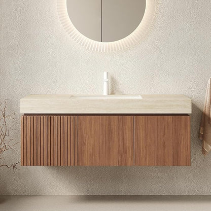 48” Floating Bathroom Vanity with Sink, Wall-Mounted Cabinet with Drawer & Doors, Roma Travertine-Pattern Countertop, Undermount Basin, Single Faucet Hole, Soft-Close, Pre-Assembled, Brown Oak