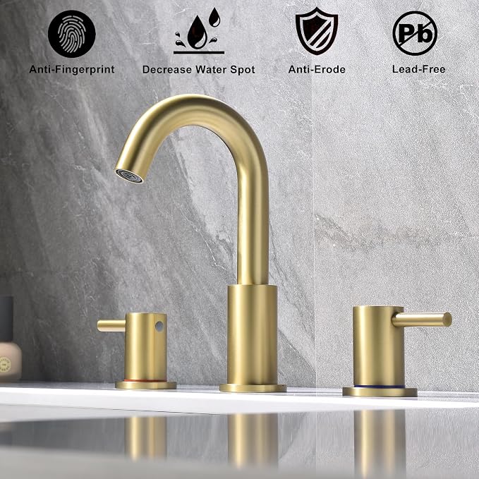 Brushed Gold Bathroom Faucet 3 Hole, 8 in Gold Widespread Bathroom Sink Faucet with Pop Up Drain and Supply Lines, Stainless Steel 2 Handle Gold Sink Faucet for Bathroom Vanity