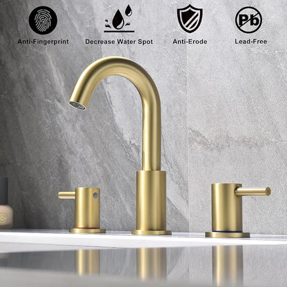 Brushed Gold Bathroom Faucet 3 Hole, 8 in Gold Widespread Bathroom Sink Faucet with Pop Up Drain and Supply Lines, Stainless Steel 2 Handle Gold Sink Faucet for Bathroom Vanity