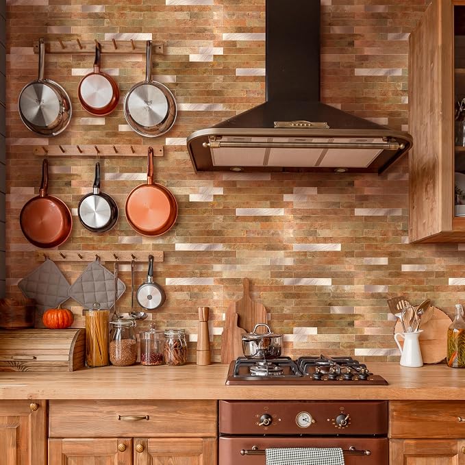 Yipscazo Peel and Stick Stone Metal Backsplash, Stick on Tiles for Backsplash Kitchen (20 Pack, Copper)