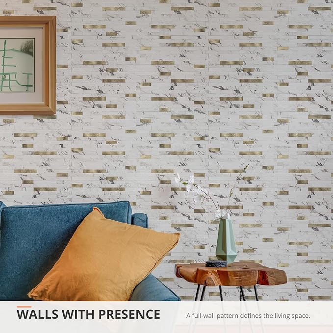 StyloVue 20 Sheets Peel and Stick Backsplash for Kitchen, Volakas White Marble Look with Gold Metal, Stick on Tile for Kitchen Backsplash, RV, Fireplace